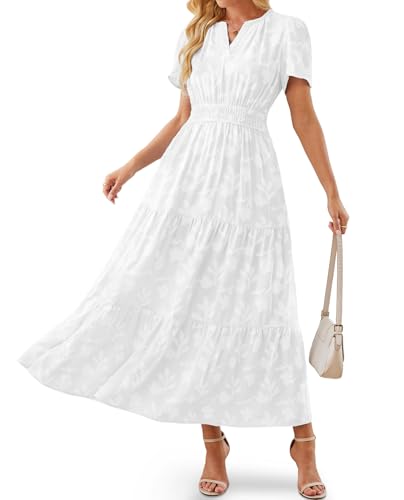 Image of Women's Maxi Dresses Boho Burnout V Neck Short Puff Sleeve Smocked Empire Waist Long Wedding Guest Semi Formal Dress Pockets