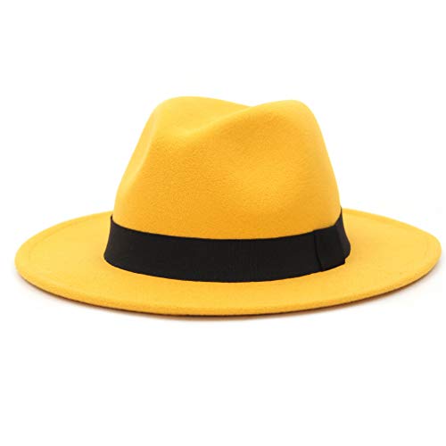 GEMVIE Mens Womens Wide Brim Wool Fedora Hat with Band Gents Trilby Panama Wool Felt Hat Mustard Yellow 56-58CM
