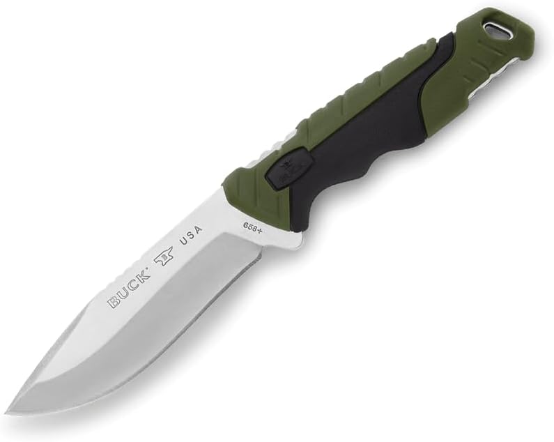 Buck Knives 658 Small Pursuit Hunting Knife, 3-3/4" Fixed Blade, Glass Filled Nylon Handle, 420HC Stainless Steel Drop Point Blade, Sheath Included, Knife Made in the USA, Green, 3.3 oz