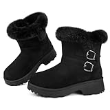 Goldnut Platform Winter Ankle Boot for Women: Black Warm Snow Boots with Faux Fur Lining Comfort Anti-Slip Chunky Heel Short Booties Size 8