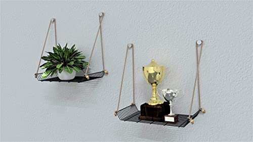 Image of Meshable Weebill 1-Tier Wall Hanging Metal Wall Shelf with Jute Rope, Home Decor Wall Shelves and Storage Racks with Elegant Design Ideal for for Balcony and Terrace, Standard Size - Grey