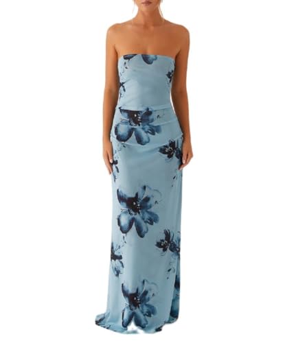 Image of Women Floral Strapless Maxi Dress Y2K Bodycon Tube Long Dresses Sexy Party Formal Cocktail Beach Slit Dress