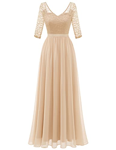 DRESSTELLS Damen Elegant Chiffon Abendkleider V-Ausschnitt Spitzen Brautjungfernkleider Ballkleid Champagne 3XL Cover