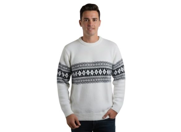 stk21 Classic Fair Isle Pattern Wool Sweater, White with Black Nordic Design, Winter Crewneck Pullover-picture-35