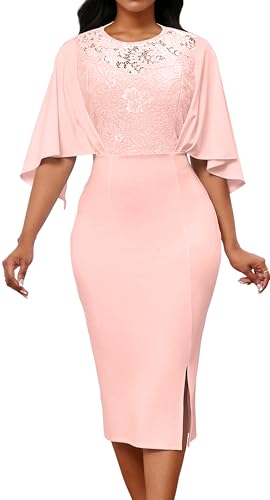Elegante Kleider für Damen, lange Ärmel, Cocktailkleid, Business, knielang, Bleistiftkleid, Spitzenkleid, Spitze/Rosa, X-Groß