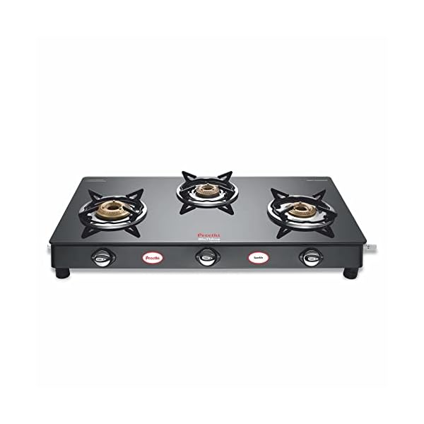 Preethi Blu Flame Sparkle Glass top 3 Burner Gas Stove, Manual Ignition, Black ((ISI Certified), GTS 104