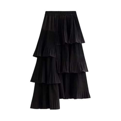 Korean Style Asymmetrical Pleated Cake Skirt Women Mid-Length Ruffled Irregular Hem A-Line Skirt
