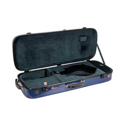 Image of Crossrock Fiberglass Mandolin Case - Oblong for F-Style (Fits Gibson F5) | Navy Blue Gloss Finish, Forest Green Velvet, TSA Lock, Hygrometer, Backpack Straps - Hard Shell Pro Travel Series