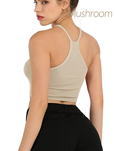 Ododos Women's Crop 3-Pack Washed Seamless Rib-Knit Camisole Crop Tank Tops, Mushroom Taupe Charcoal, Medium/Large #TOP3