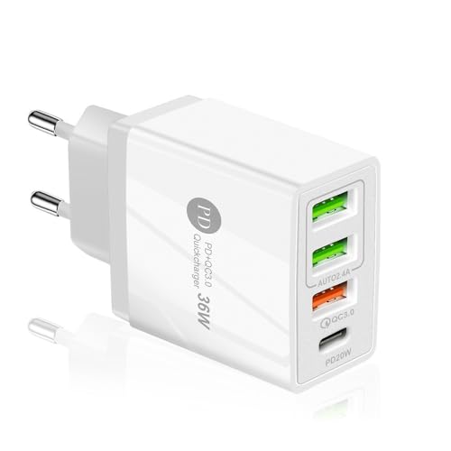 Caricatore USB C 36W PD & QC3.0 Rapido Muro Caricabatterie Spina Alimentatore Type C Multiplo Alimentatore Presa Carica 4 Porto Adattatore per IPhone Samsung Huawei Xiaomi HTC LG Motorola Honor Etc