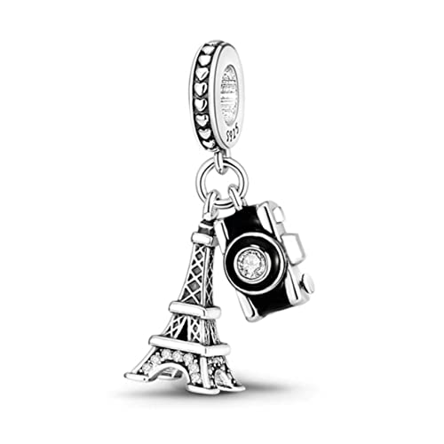 Image of 925 Sterling Silver Eiffel Tower Camera Bead Slider Charm For Pandora Bracelets Charms Necklace | Tourist Lover Cubic Zirconia Bead Charm | Gift Boxed