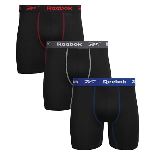 Reebok Mens Boxer Briefs - 3 Pack Stretch Moisture Wicking 6” Inseam Mens Underwear with Contour Pouch Boxers for Men, Size Medium, 3pk - All Black
