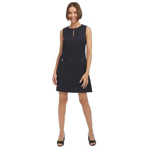 Image of Tommy Hilfiger Women's Sleeveless Split Neck Solid Hopsack Weave Dress