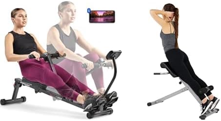 Sunny Health and Fitness 45 Degree Hyperextension Roman Chair, Steel, Grey, One Size + Smart Compact Adjustable Rowing Machine, 12 Levels Adjustable Resistance, Complete Body Workout