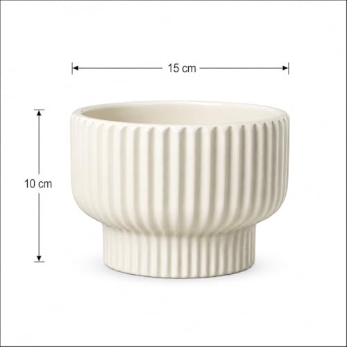 Image of Xtore Graceful Ribbed Ceramic Planter for Indoor Plants & Bonsai Display | Minimal Modern Tabletop Pot for Living Room, Desk & Balcony Styling (Beige, Planter only)