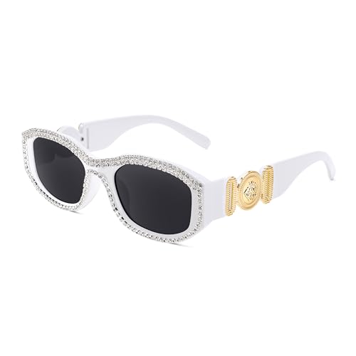 FEISEDY Rectangle Rhinestone Sunglasses for Women Men Bling Jeweled Retro Square Sunglasses 90s Vintage Shades B0091