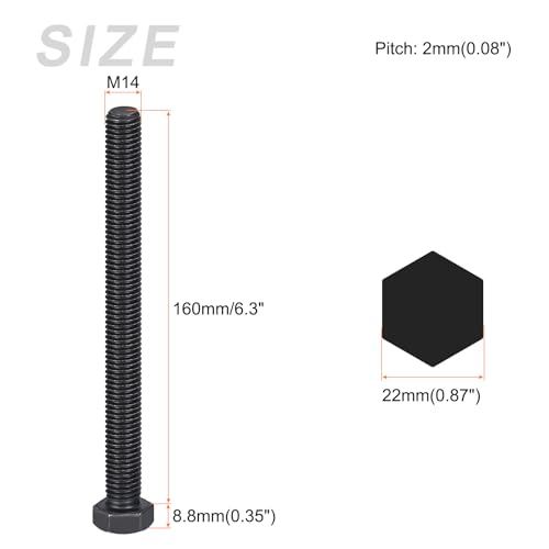 Image of METALLIXITY Hex Bolts (M14-2x160mm) 2Pcs, 8.8 Grade Carbon Steel Fully Threaded Black Oxide, Coarse Thread UNC Hex Head Screw Bolt - for Furniture Repair