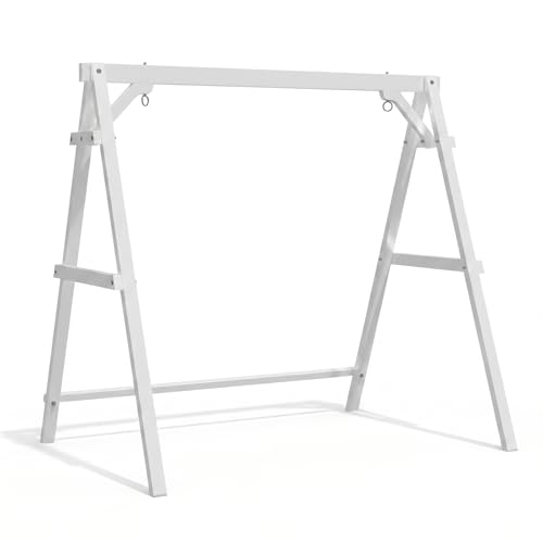 VINGLI 6.2FT Porch Swing Frame 660 LBS Heavy Duty A-Frame Wooden Porch Swing Stand with Bottom Connection Bar for 5FT Porch Swing Upgraded Wood Swing Hanger for Garden Patio (White 6.2FT)