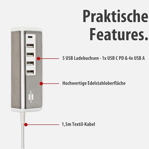 brennenstuhl®Estilo USB Ladegerät mit Schnellladefunktion/Mehrfach Ladestation mit Edelstahloberfläche und 1,5m Textil-Kabel (1x USB C Power Delivery und 4X USB-Ladebuchse)