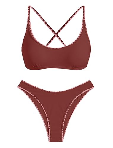 ZAFUL Women's Bikini Set Criss Cross Back Two Piece Swimsuits Scoop Neck Splicing Lace Up Textured Bathing Suits4