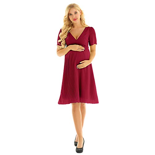 inhzoy Vestidos de Maternidad para Mujer Manga Corta Vestido de Premamá Lactancia Verano Vestido de Boda Fiesta Chifón Vestido de Embarazadas Vino Rojo 38