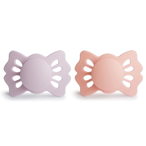 Image of FRIGG Lucky Symmetrical SilkySoft Silicone Baby Pacifier | Made in Denmark | BPA-Free (Soft Lilac /Pretty in Peach, 0-6 Months)