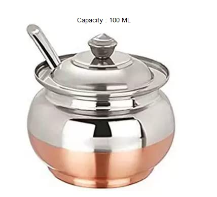 Image of Copper Coated Base Stainless Steel Ghee Pot with Spoon, Oil Jar, Oil Pot, Ghee Serving Jar /Container, Ghee Storage jar with spoon (100ml Pack of 1)