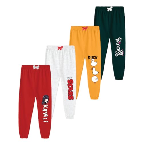 Image of KYDA KIDS Girls 100% Pure Cotton Printed Loose Fit Track Pants | Premium Summer Casual Wear with Elastic Waist Daily Comfort Wear (Pack of 4)