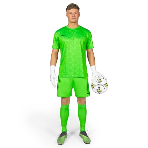 FORZA Men's Goalkeeper Kit [XS-XXL] | Complete Football Set with Short Sleeve Football Jersey, Shorts & Knee-High Socks (UK, Alpha, L, Regular, Regular, Fluro Green)