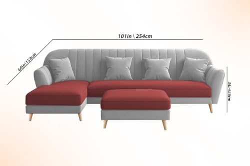Image of Atticus LHS 6 Seater L Shape Sofa Set with Ottoman Living Room (Maroon Grey Colour Fabric) Premium Fabric Sofa Set for Living Room