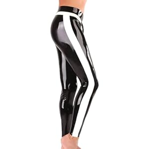 Natural Latex Men Leggings Rubber Pants Tight Trousers with Side Strips(Blue and White,S)