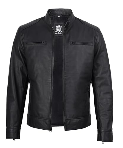 Image of fjackets Mens Leather Jacket - Real Lambskin Cafe Racer Jacket Stand Collar Moto Biker Zip Jacket For Men
