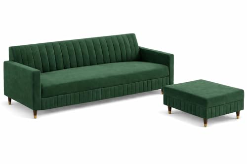Image of Wooden L Shape Sofa 4 Seater with Ottoman | Velvet Fabric Upholstery | Modern Sectional Wooden Frame Couch for Living Room, Home & Office (Green)