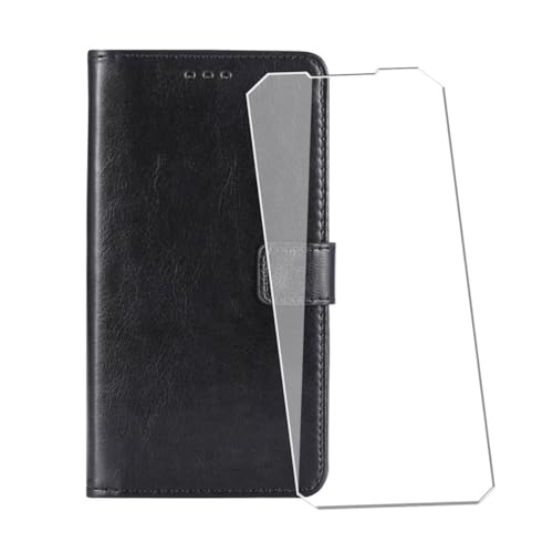 WDMYLFTW Handyhülle für Doogee Fire 6 Hülle Leder + Panzerglas Schutzfolie, Flip Schutzhülle Wallet Kartenfach Standfunktion Stoßfest Klapphülle Hüllen Hülle Cover Klappbar (Schwarz)