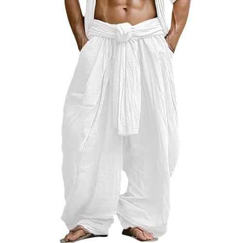 Baggy Cotton Linen Pants for Men Loose Casual Tie Knot Front Wide Leg Oversized Pants Hip Hop Streetwear Trousers White