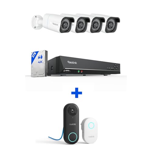 Reolink 8MP IP Security Camera System Bundle, 4PCS 8MP PoE Cameras, 8CH NVR Pre-Installed with 2TB HDD, RLK8-800B4 Bundle with IP Video Doorbell Camera