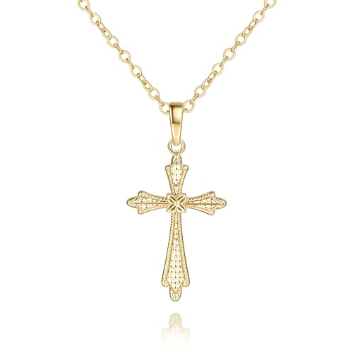 Cross Necklace for Women 14K Gold Cross Necklaces for Women Gold Crosses Chain Pendant Necklaces for Womens Intricate Ornate Textures and Vintage Charm Womens Crosses Pendant