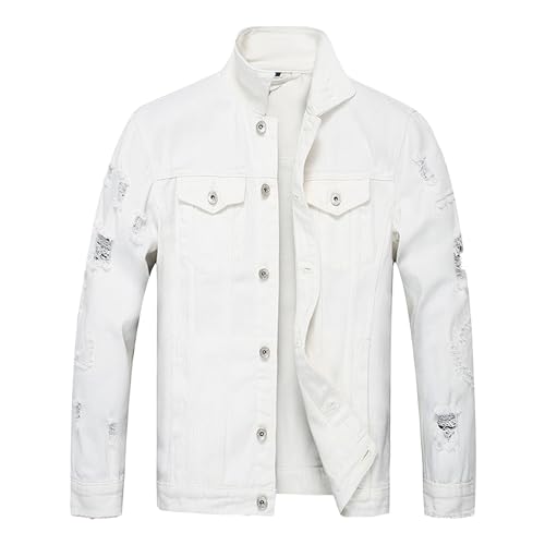 Veste en jean punk homme délavée blanche ajustée avec boutons