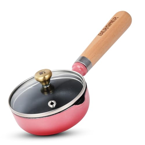 Image of BERGNER Excalibur Lightweight Cast Iron Tadka Pan with Lid 12cm, Non-Stick Vaghar Pan, PFAS Free, Perfect Heat Distribution, Elegant Design, Silicone Grips - Induction and Gas Stove Ready (Pink)