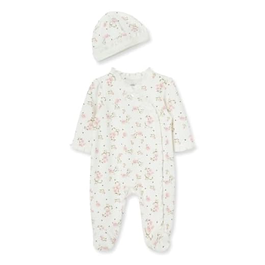 Little Me Clothes for Baby Girls’ 100% Cotton Scratch Free Tag 2-Piece Baby Sleeper, Footie and Cap Set, Newborn, Ivory Rose