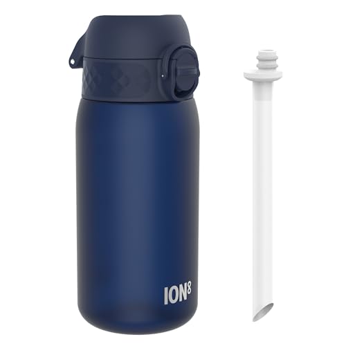 ION8 Kids Water Bottle 350ml/12oz Leak Proof & BPA Free Drinking Bottle with Straw, Triple Lock Lid to Prevent Spills & Integrated Handle, Ideal for Little Hands & Lunch Boxes,Recyclon Navy with Straw