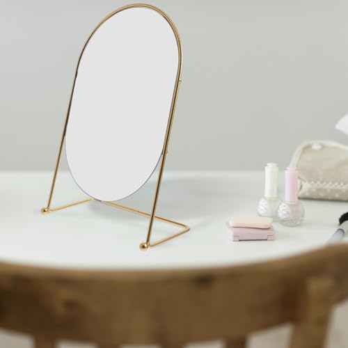 Espejo de maquillaje ovalado con soporte y acabado dorado miniatura 3