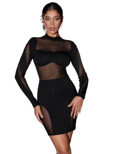 GORGLITTER Women's Sheer Mesh Cut Out Bodycon Dress Long Sleeve Mock Neck Mini Pencil Dresses Black Small