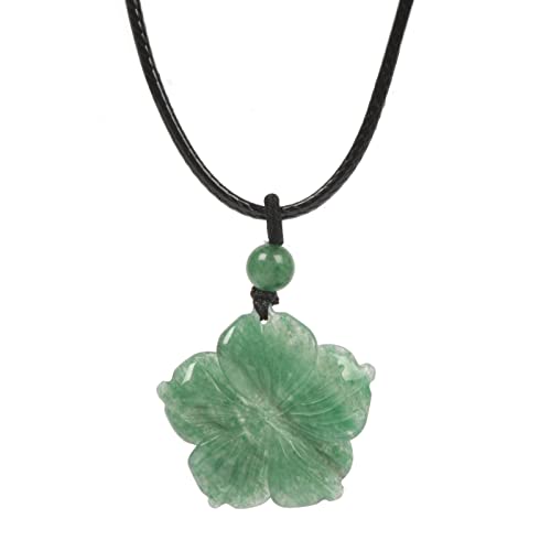 Justinstones Green Aventurine Hand Carved Healing Crystals Gemstone Hawaii Flower Pendant Hand Weaving Wax Rope Necklace 22 inch
