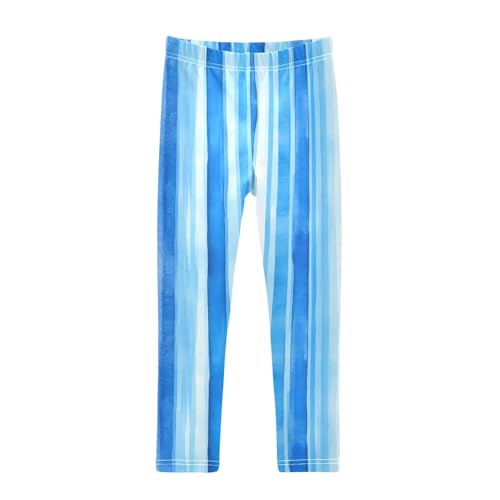 Blue Striped Pattern Girls Leggings Ultra Soft Compression Yoga Gym Pants for Kids 4-10T