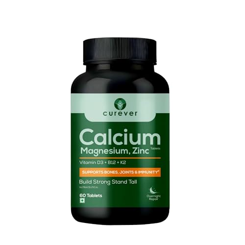 Image of Curever Calcium Magnesium Zinc Tablets with Vitamin D3, B12 & K2 | Bone Strength, Muscle Function & Immunity Support | Mineral Supplement | 60 Tablets