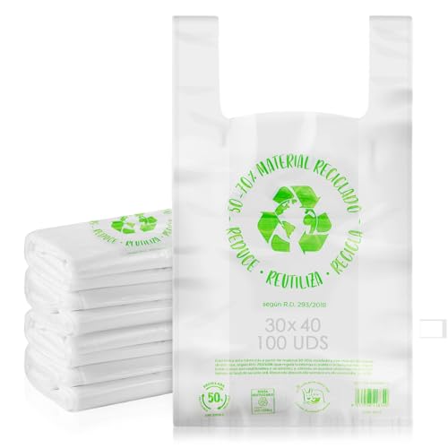 MARCPRINT Bolsas plastico. Bolsas con Asas Tipo Camiseta. Bolsa Porta Alimentos. Pack Bolsa de Plastico, Resistentes y Reutilizables. Material Reciclado 50-70%. Galga 200. (30x40-100 uds)