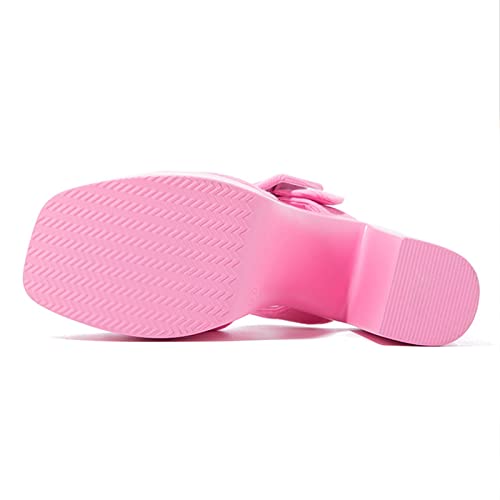 Women's Suede Square Toe Open Toe Platform High-Heeled Slide Sandals With Adjustable Buckle Comfy Non-Slip Slip On Slingback Wedge Sandals Party Dress Shoes (7.5,Pink,Female) #TOP6