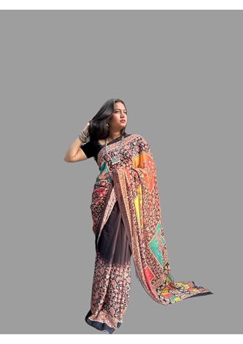 Image of Women's Banarasi Silk Georgette Saree Featuring Silver Sequin And Mirror Work