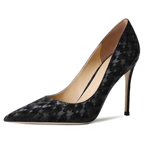 Wtharosa Zapatos De Oficina Mujer Delgado Tacón Kitten Punta Fina Zapatos para Trabajo Y Fiesta Piel Charol Verde Menta Negro,Black (Heel 10cm),36 EU